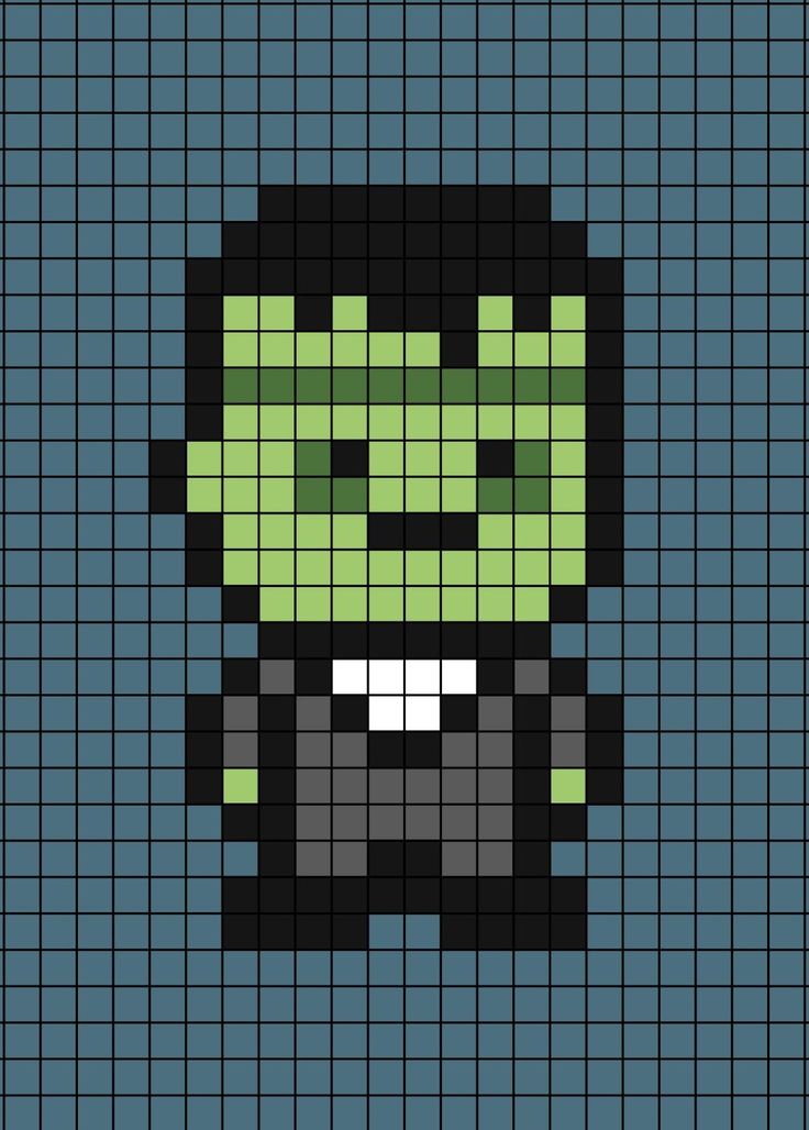 A pixel art template of Frankenstein. Frankenstein Pixel Art, Halloween Grid Art, Pixel Art Ideas Halloween, Pixel Art Pattern Halloween, Halloween Pixelart, Halloween Pixel Art Grid, Gothic Pixel Art, Spooky Pixel Art, Fall Pixel Art