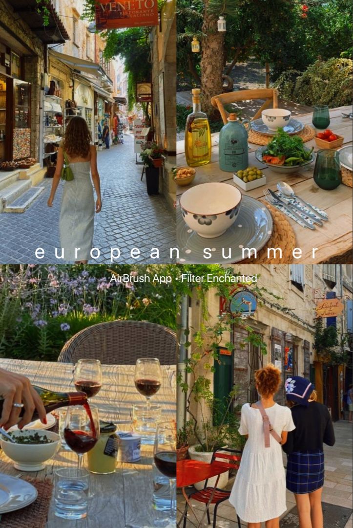 two women are walking down the street in front of an outdoor dining area with tables and chairs