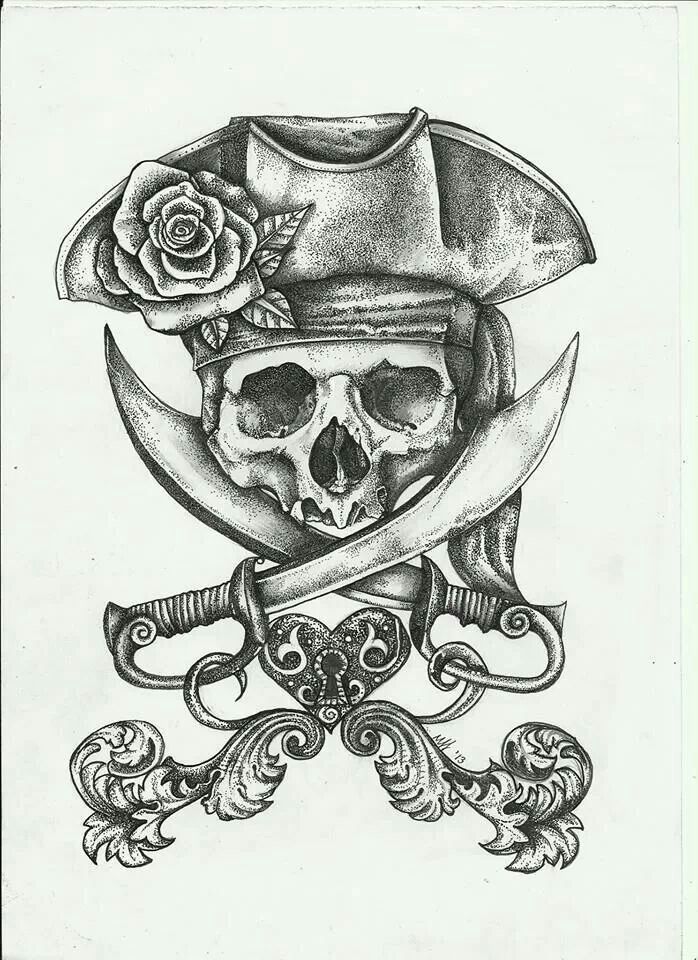 a drawing of a skull with a pirate hat and two swords in front of it