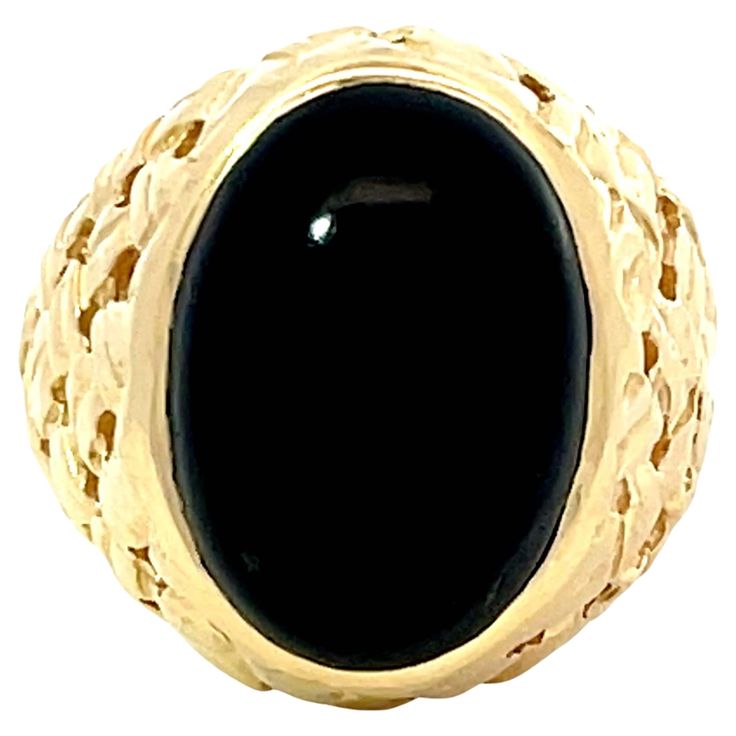 Ring Specifications: Metal: 14k Yellow Gold Total Weight: 11.8 Grams Onyx Measurements: 16.5 mm x 13.2 mm x 5.9 mm Onyx Carat Weight: ~9.18 carats Ring Size: 9 (resizable) Stamped: "585" "14K" Condition: Preowned Cabochon Ring, Cocktail Rings, Metallica, Onyx, Jewelry Rings, Ring Size, Yellow Gold, Stamp, Yellow