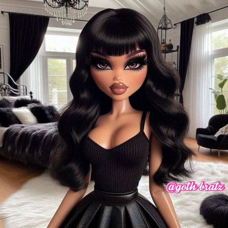 the doll is wearing a black dress and has long hair with bangs on her head