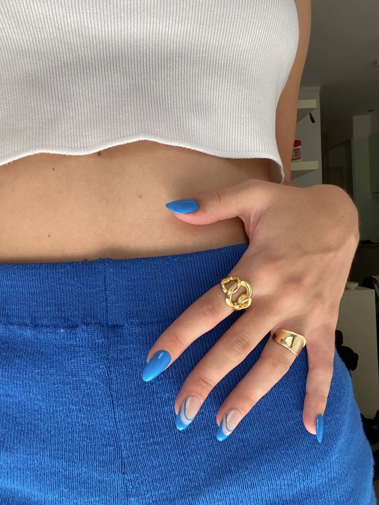 Blue simple nail art. Half french tips. Gold jewlery accents Half French Tip Nails, French Tips Gold, Half Nails, Blue French Tips, Simple Nail Art, Blue Nail Art, French Nail Designs, Blue Nail, Simple Nail