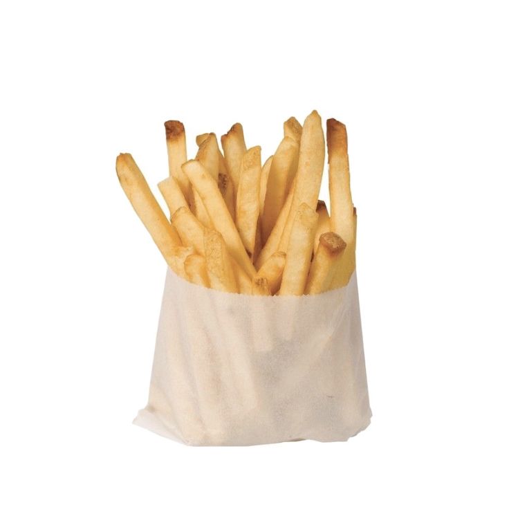 french fries in a paper bag on a white background