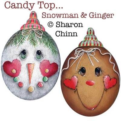 two christmas ornaments with faces on them and the words candy top, snowman & ginger