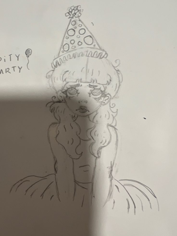 a drawing of a person with a party hat on their head and the words happy birthday written below it