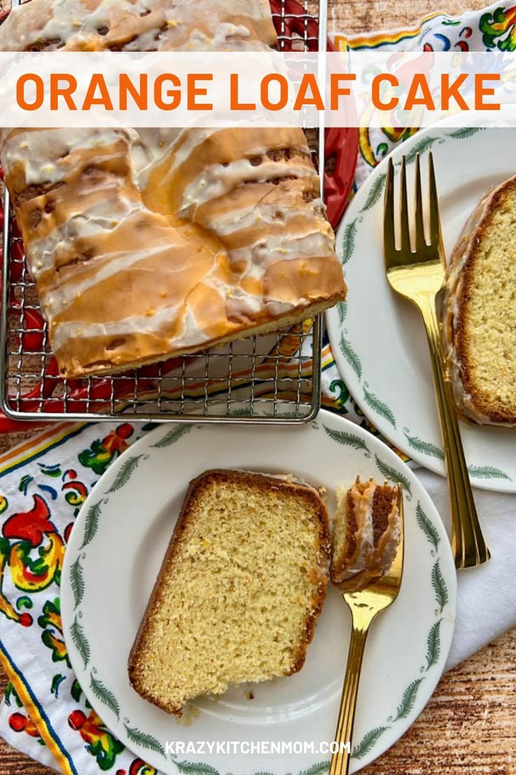 an orange loaf cake with icing on two plates next to a fork and knife