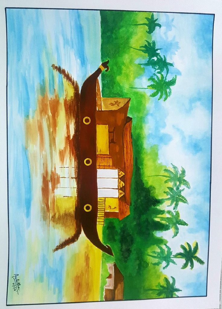 a painting of a boat in the water with palm trees and blue sky behind it