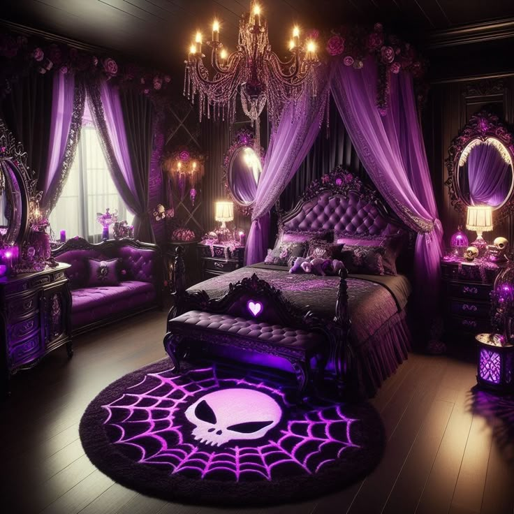 a bedroom decorated in purple and black with chandeliers on the ceiling, bed covered in spider web