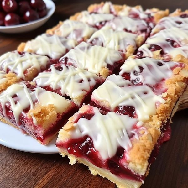 cherry pie with white icing sitting on a plate