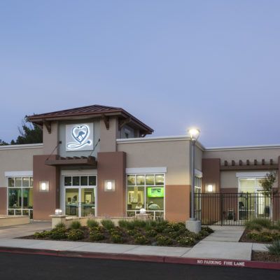 the front entrance of a store at dusk with lights on and trees in the foreground