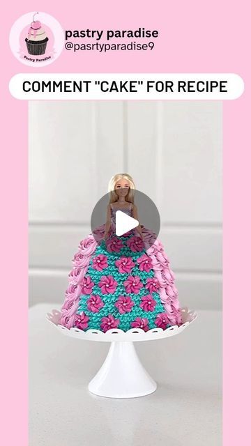 a barbie doll is sitting on top of a cake with pink and blue icing