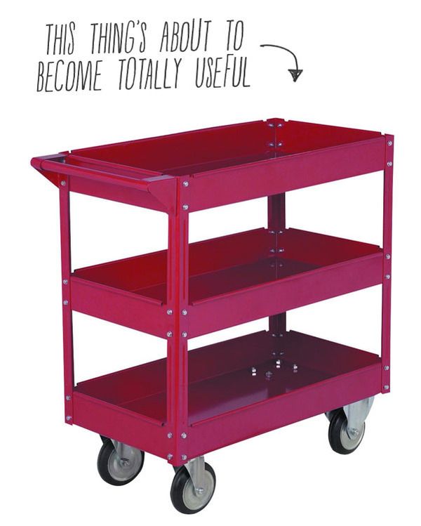 this is an image of a red cart with wheels and the words, this thing's about to become totally useful