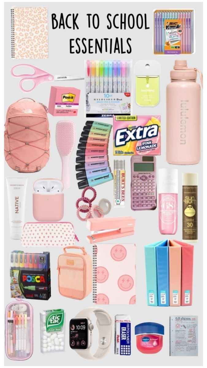 the back to school essentials are organized in pink