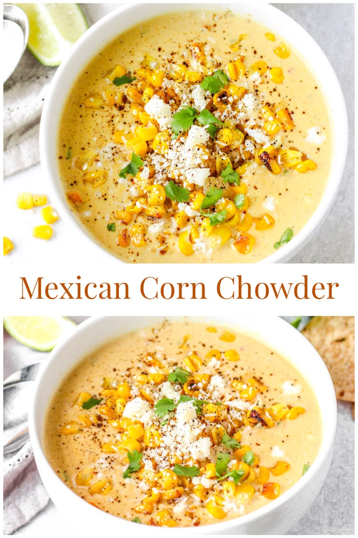 two bowls filled with mexican corn chowder and topped with cheese