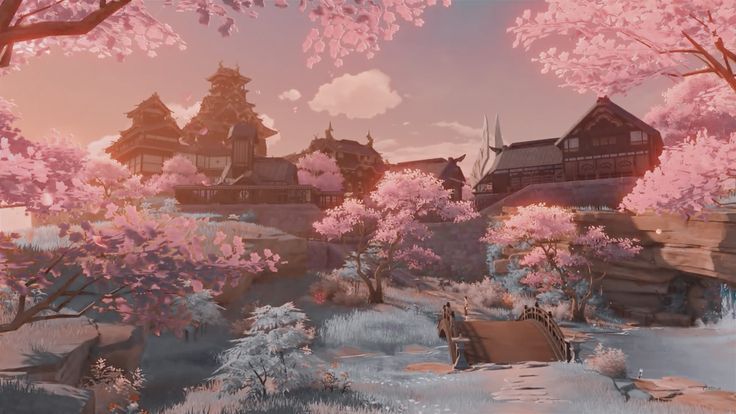 an animated landscape with pink trees and houses in the background, as if it were painting