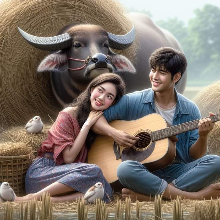 a man and woman sitting next to each other with a cow in the background holding a guitar