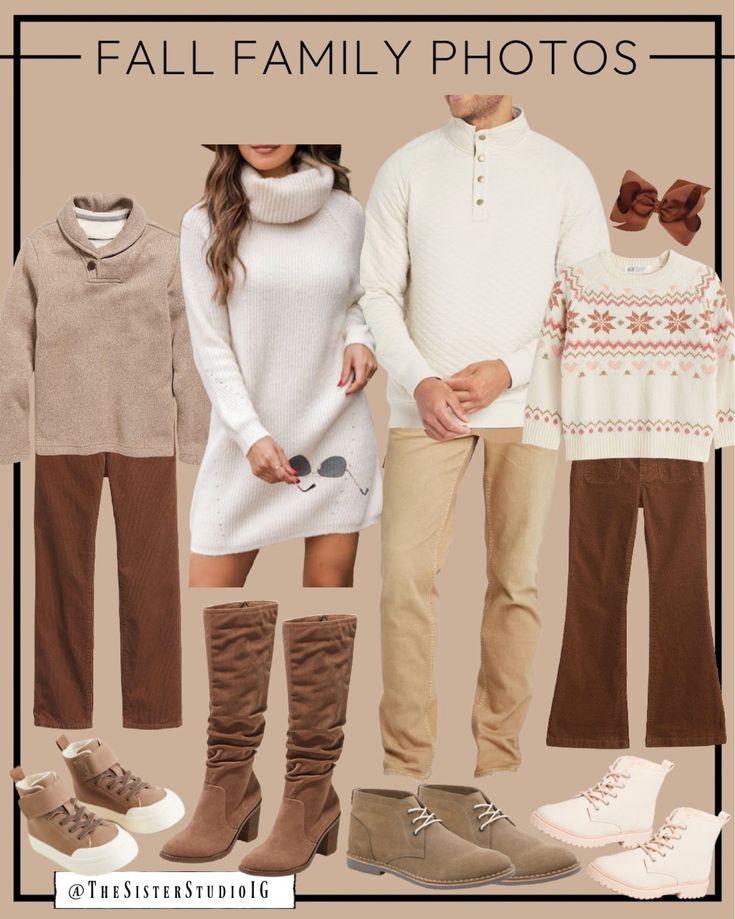 a man and woman wearing sweaters, boots, and dress clothes with text overlay that reads fall family photos