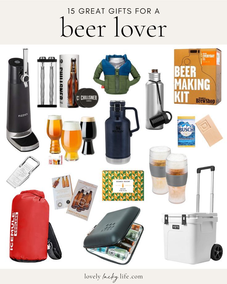 a collage of beer gifts for a beer lover with text overlay that reads 15 great gifts for a beer lover