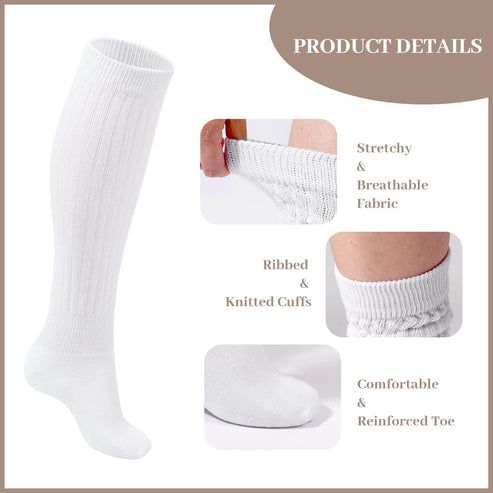 3 Pairs Cotton Knee High Slouch Socks - White | MoonWood White Knee-high Comfortable Leg Warmers, Comfortable White Knee-high Leg Warmers, Soft Knee-high Socks For Stocking Stuffers, Comfortable Fitted Knee-high Hosiery, Casual Comfortable Knee-high Socks, Soft Knee-high Socks, Comfortable Cotton Knee-high Socks, Stretch Cotton Socks For Stocking Stuffers, Comfortable Stretch Knee-high Hosiery