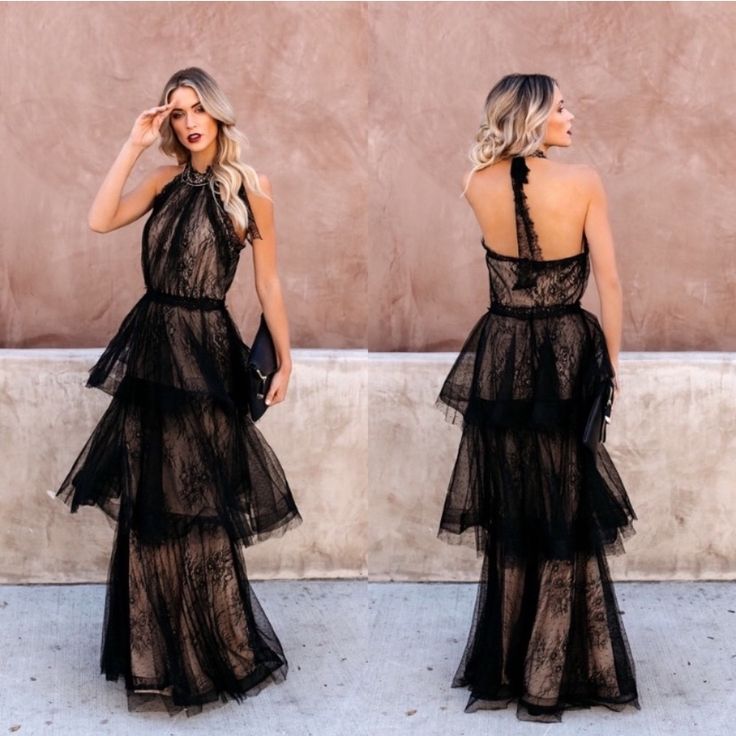 Beautiful Black Tiered Tulle Halter Neck Lace Gown Halter Lace Tie Back Zipper 100% Polyester Lace Tie, Neck Lace, Lace Gown, Dresses Black, Tie Backs, Tie Back, Halter Neck, Black Dress, Maxi Dress