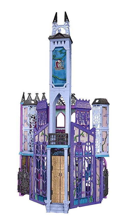 a purple and blue doll house with a clock on the top of it's tower