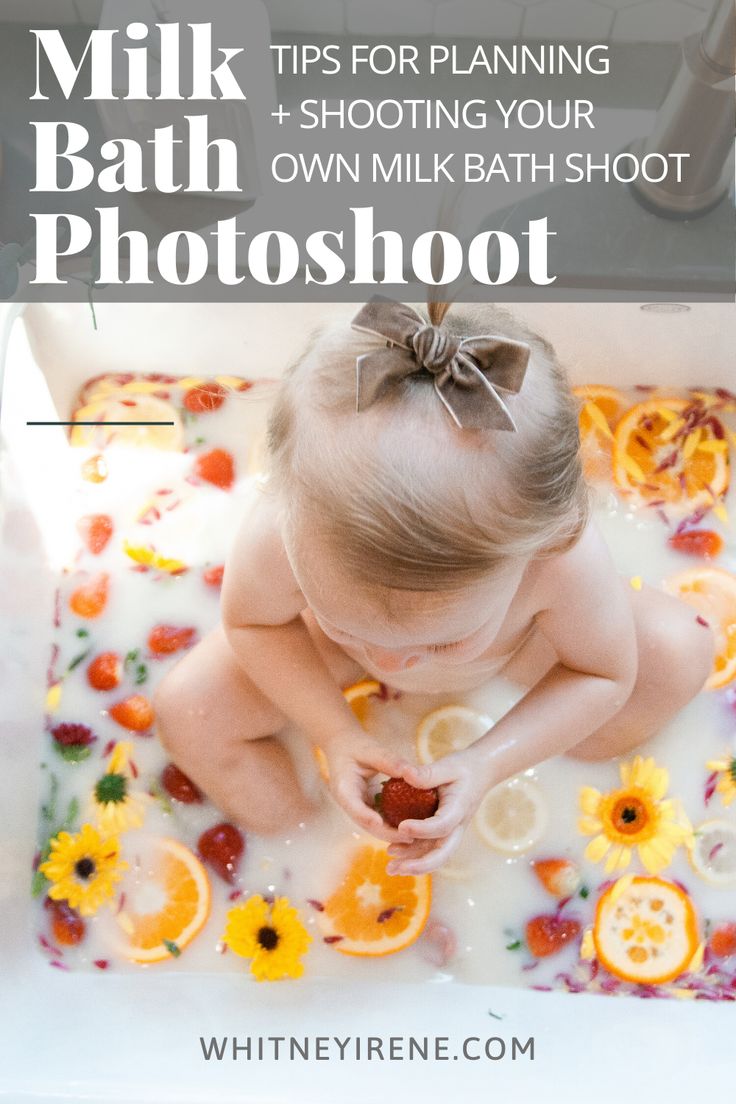 a baby in a bathtub with oranges and lemons on the bottom, text overlay reads tips for planning + shooting your own milk bath shot