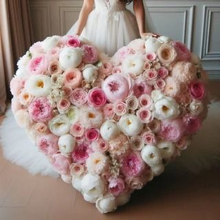 a bride holding a large heart made out of pink and white flowers in front of a window