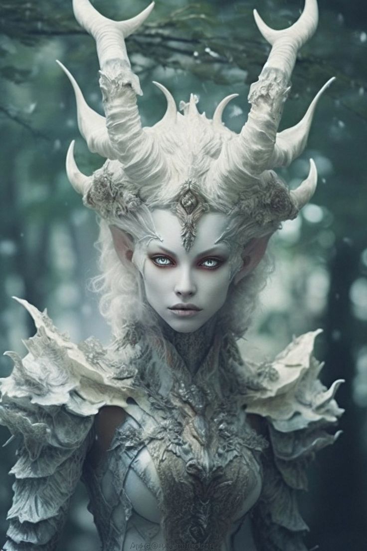 a woman with white hair and horns standing in the woods