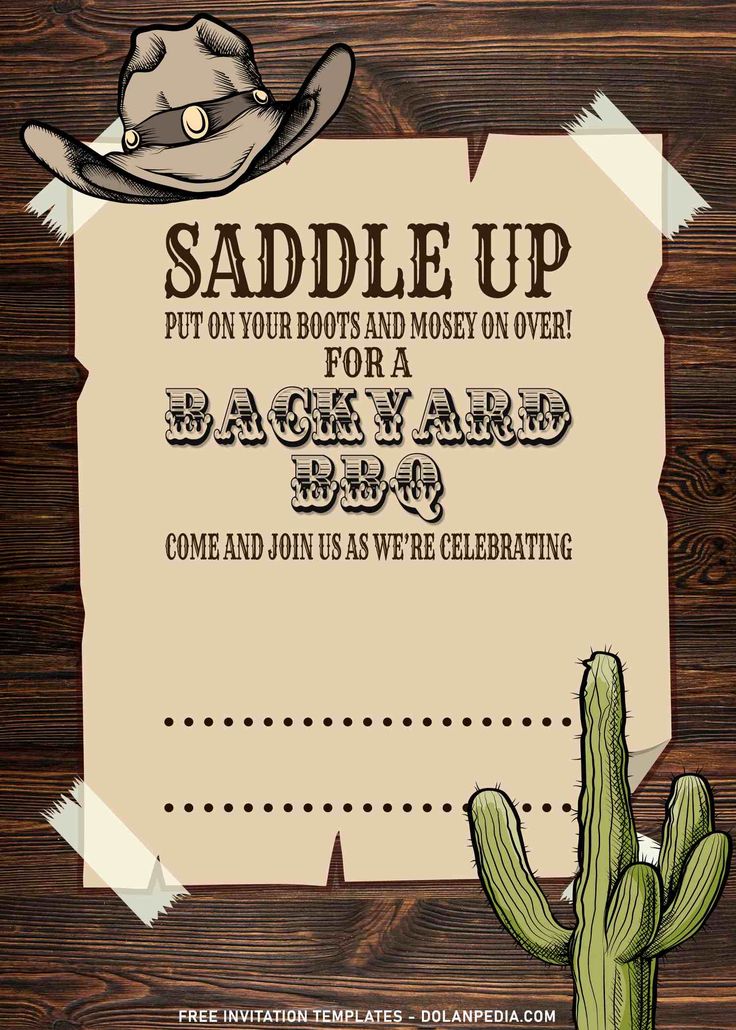 a cowboy themed birthday party card with a cactus and hat on the front, says saddle up put on your boots and money on over for a back yard sale