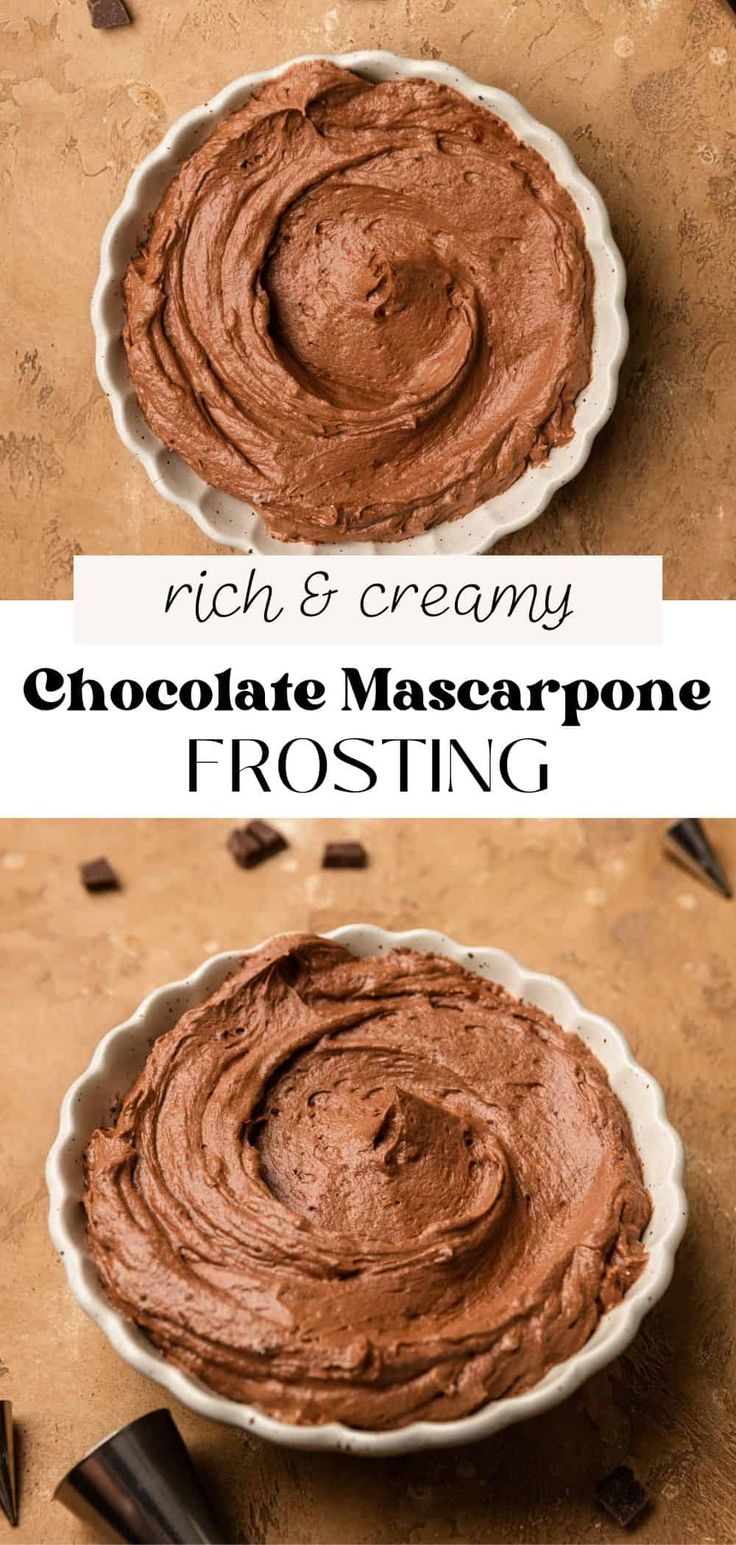 rich and creamy chocolate mascarpone frosting in a pie pan