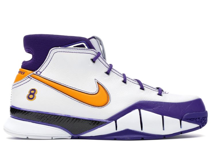 the nike zoom basketball shoe is shown in white, purple and orange with black accents