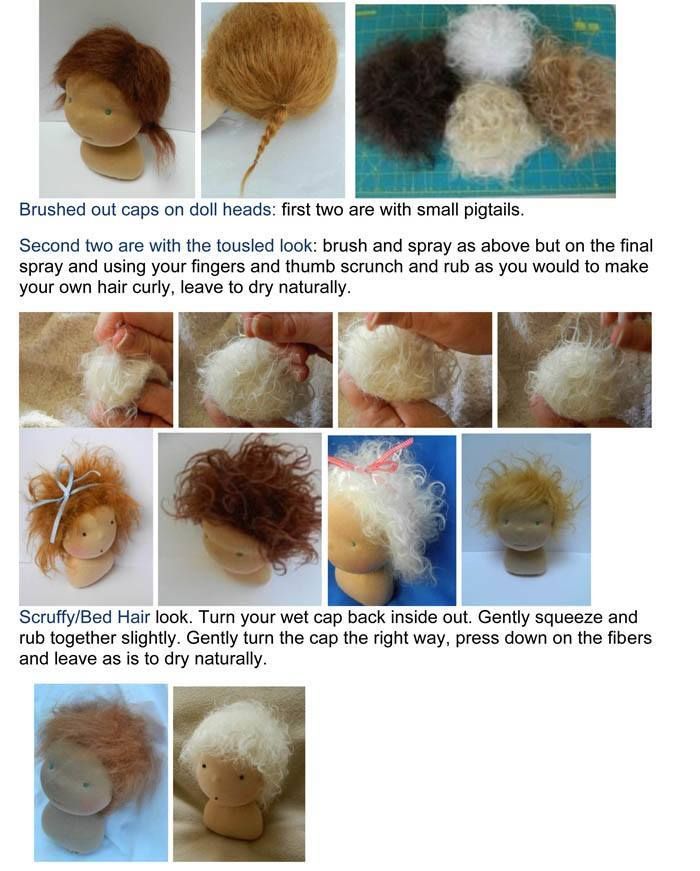 the instructions for how to make a doll head with hair and wigs are shown