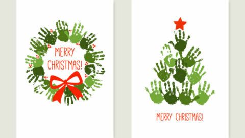 two christmas cards with hand prints and a wreath on the front one has a red bow