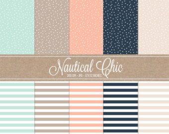 nautical chic digital paper pack with stripes, dots and polka dots on the background