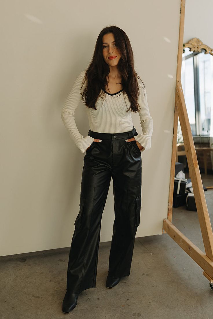 Red Leather Pants Lefties, Leather Pants Women Going Out, Crop Sweater Leather Pants, Straight Leg Leather Pants With Lace Up Boots, Leather Pants Winter Fit, Leather Pants With Graphic T, Flannel Leather Pants, Teacher Leather Pants, Red Leather Pants Going Out