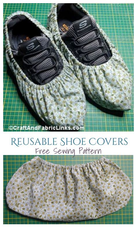 two pictures showing how to make reusable shoe covers with free sewing pattern and instructions