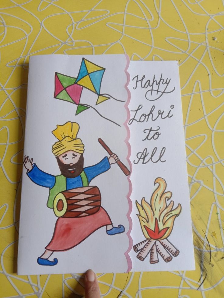 a drawing of a man holding a kite on top of a yellow background with the words happy lohri to sell