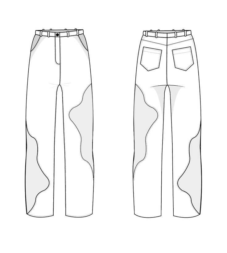 the front and back view of a pair of pants with pockets on each side, in white