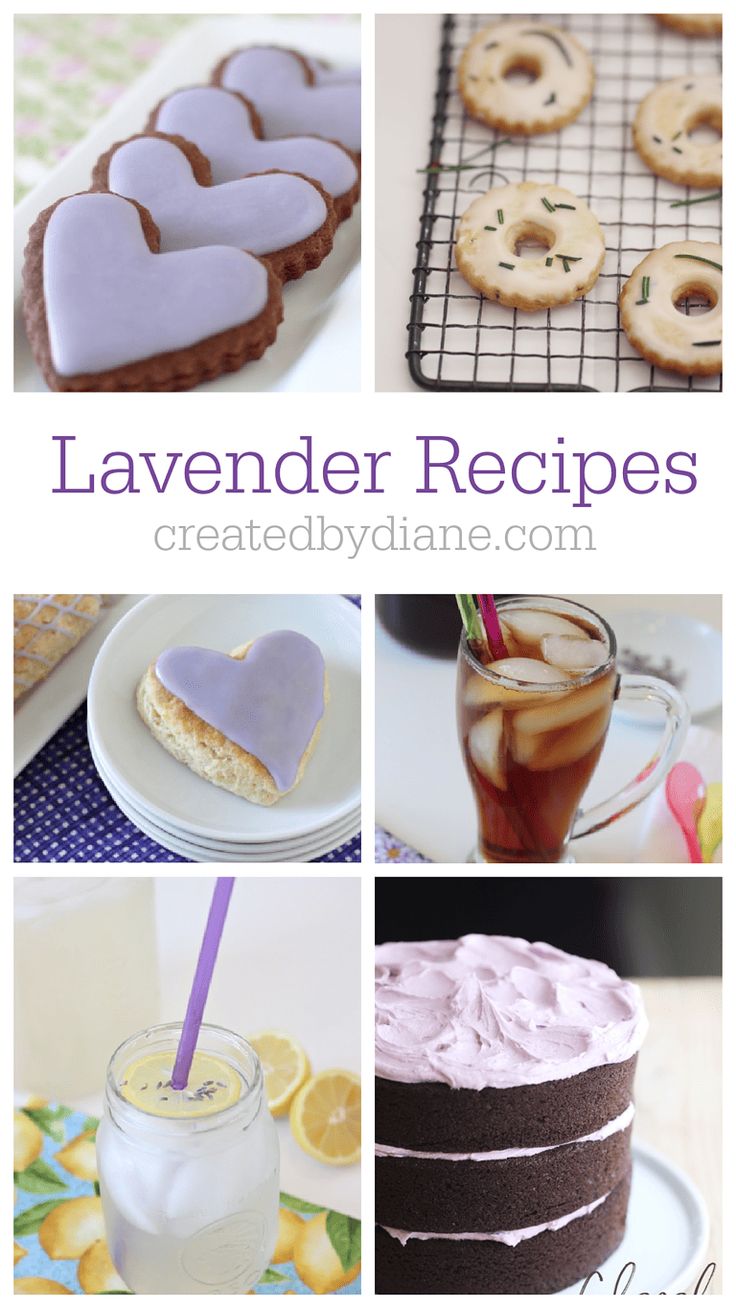 the collage shows different types of cakes, cookies and desserts with text overlay that reads lavender recipes