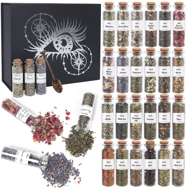 PRICES MAY VARY. 【Great Value Bottled Herbs Set】: Each beautiful magic witchcraft herbs kit comes with 24 bottles of the dried herbs and flowers we need, and each vial is labeled for easy obtain. A cute crystal spoon with crystal on the ends that are cool and pretty. 【Organic Natural Healing Dried Herbs】: Our natural bulk herbs have selected the energy parts of each plant, grown naturally, picked, dried, and individually packaged in sealed cork glass bottles, the magic of the herbs will be at it Room Altar, Witchcraft Herbs, Herb Boxes, Witch Supplies, Herbal Magic For Wiccans, Witch Candles, Herbs And Flowers, Magic Gift, Altar Decor