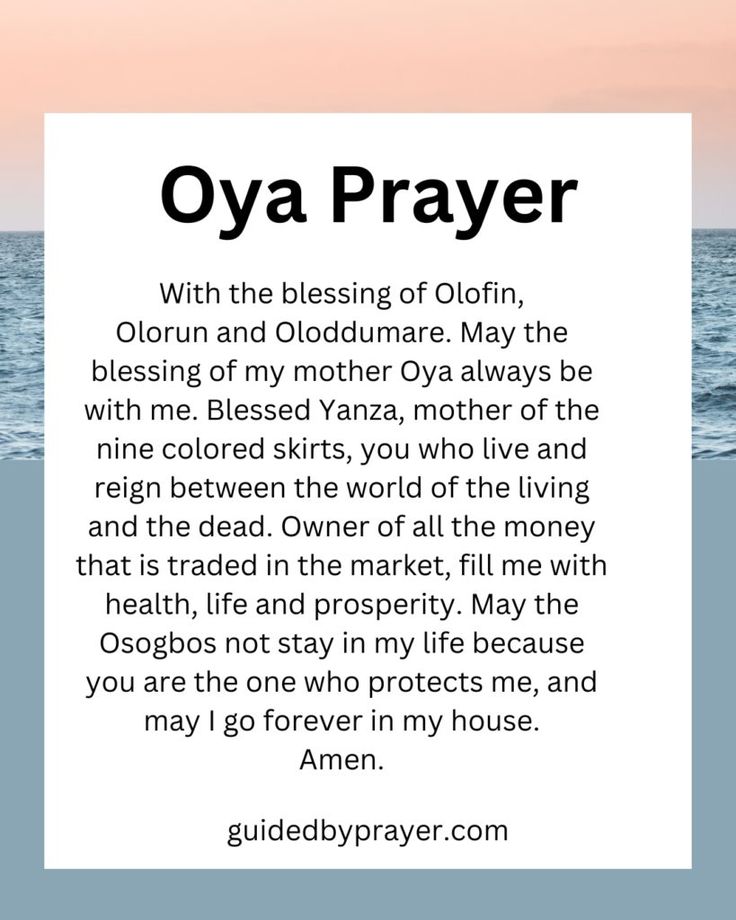 the poem for oya prayer with an image of water and sky in the background