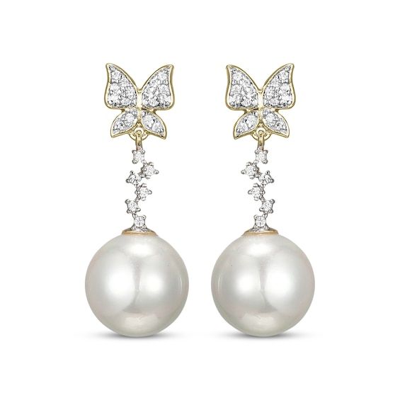 Capture her imagination with these delightful diamond butterfly and cultured pearl drop earrings. 10K yellow gold A diamond-studded butterfly spreads its wings on each charming post Round-cut diamonds cascade down to a lustrous round freshwater cultured pearl drop Total diamond weight is 1/6 carat Friction backs Drop Diamond Earrings, Diamond Butterfly, Pearl Diamond, Diamond Drop Earrings, Pearl Drop Earrings, 18th Birthday, Pearl Drop, Cultured Pearls, Round Cut Diamond