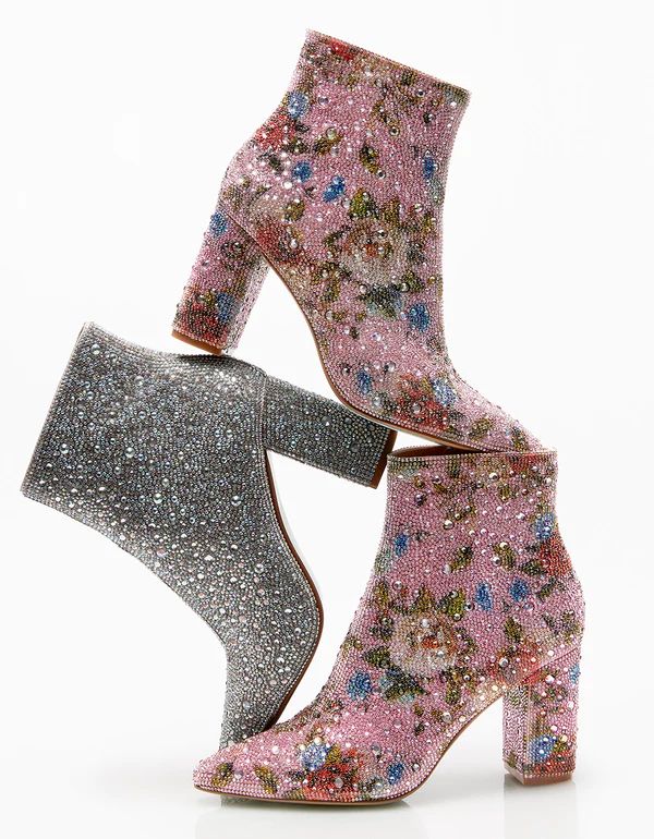 CADYF FLORAL MULTI Booties | Floral Rhinestone Bootie In Pink – Betsey Johnson Glamorous Evening Boots For Spring, Glamorous Embellished Ankle Boots, Glamorous Embellished Spring Boots, Spring Party Booties With Pointed Toe, Pointed Toe Party Booties For Spring, Party Booties With Pointed Toe For Spring, Glamorous Ankle Boot Heels For Spring, Glamorous Embellished Heeled Boots For Winter, Glamorous Embellished Heeled Boots For Party