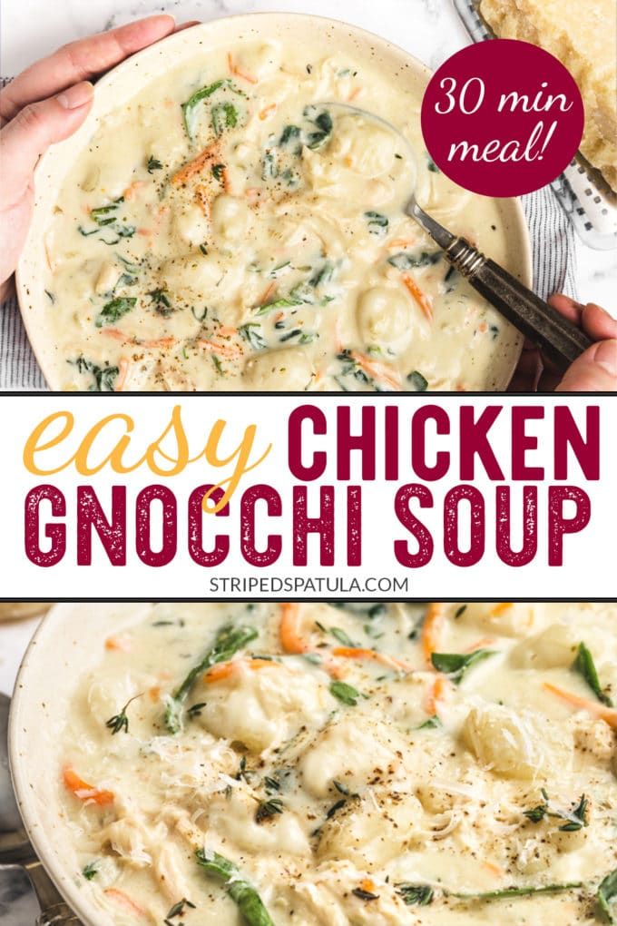 the chicken gnocchi soup is ready to be eaten and served in a bowl