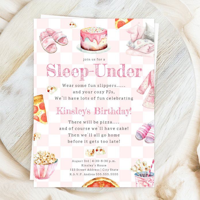 a pink and white checkered birthday card with an image of a cake, slip - under