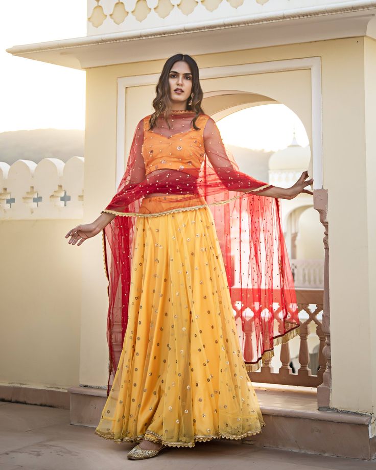 Yellow Red Lehenga Set - www.riafashions.com Lehenga Suit, Choli Blouse, Lehenga Online, Net Lehenga, Red Lehenga, Online Shopping India, Zari Work, Net Dupatta, Lehenga Choli