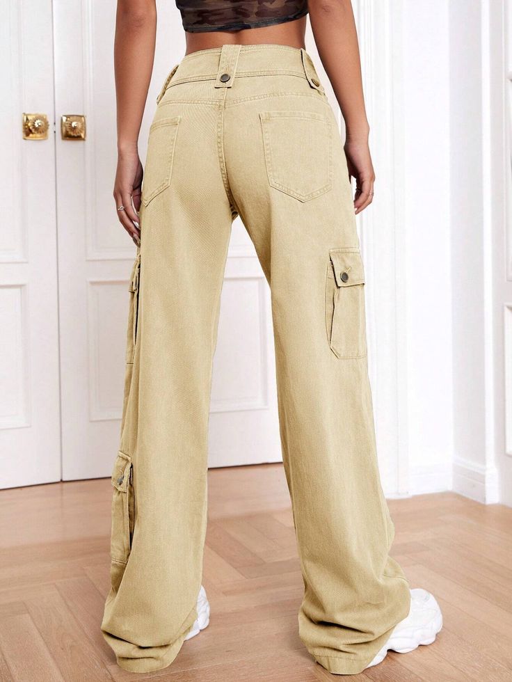 Introducing our Long Flap Pocket Cargo Jeans, a versatile and stylish addition to your wardrobe. Crafted with non-stretch denim, these straight-leg cargo pants offer a comfortable and loose fit. The dropped waistline and long length create a trendy silhouette. With a zipper fly closure and plain pattern, these jeans exude a contemporary vibe. Details: Pattern Type: Plain Type: Straight Leg Jeans Style: Cargo Pants Closure Type: Zipper Fly Waist Line: Drop Waist Length: Long Fit Type: Loose Fabri Wide Leg Cargo Jeans With Patch Pockets, Full Length Cargo Jeans With Pockets For Fall, Fall Full-length Cargo Jeans With Pockets, Solid Color Relaxed Fit Cargo Jeans With Pockets, Relaxed Fit Solid Cargo Jeans With Pockets, Beige Utility Cargo Jeans With Straight Leg, Khaki Straight Leg Cargo Jeans With Pockets, Utility High Rise Beige Cargo Pants, Khaki Straight Leg Cargo Jeans