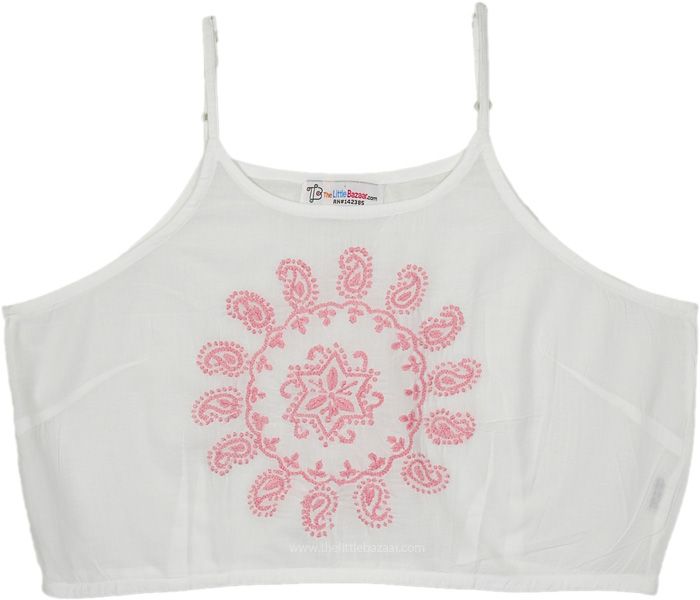 Bohemian crop top with a relaxed fit, crafted from soft mulmul cotton for ultimate comfort.  The top features intricate hand-done embroidery in a charming pink floral mandala design that adds a touch of artisanal elegance. #tlb #Handmade #WhiteCropTop #BohoTop Embroidered Summer Crop Top, Beach Cropped Top With Floral Embroidery, Cropped Beach Tops With Floral Embroidery, Floral Embroidered Cropped Top For Beach, Cropped Tops With Floral Embroidery For Beach, Beach Embroidered Cotton Crop Top, Beach Embroidered Crop Top, Cropped Floral Embroidered Summer Top, Cropped Cotton Festival Top