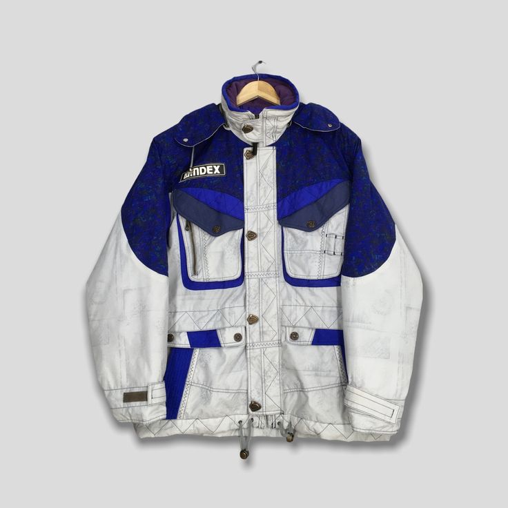 "Vintage 90's Windex Ski Wear Blue White Jacket Large Vtg Colorblock Skiing Sportswear Hoodie Bomber Winter Snowboarding Jacket Size L Please contact me for any questions about this clothing before buying. Size on tag : None but fits like Size L (check measurements below) Measurement : Armpit to armpit : 26\" inches Back collar to hem (total length) : 31\" inches Weight : 1.25 kg Condition : Good Condition. No holes and stains. Delivery / Postage :- DHL EXPRESS / EXPEDITED = 3-5 business day. ** Cybercore Jacket, Winter Snowboarding, Vintage Ski Jacket, Ski Outfit, Vintage Ski, Fashion Aesthetics, Snowboard Jacket, Drawing Clothes, White Jacket