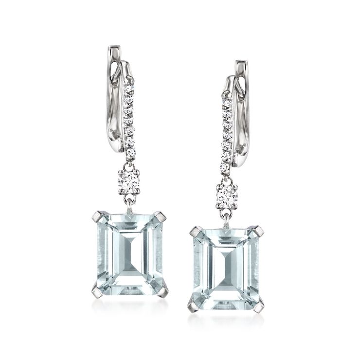 Ross-Simons - 6.25ct t. w. Aquamarine Drop Earrings in .27ct t. w. Diamonds in 14kt White Gold. Whether you're looking for lighthearted gemstone color or a special March birthstone style, our glamorous 6.25 ct. t. w. emerald-cut aquamarine drop earrings are a stunning choice by all accounts. Sparked with .27 ct. t. w. round brilliant-cut diamonds and set in polished 14kt white gold. Hanging length is 1". Hinged post, diamond and aquamarine drop earrings. Aquamarine birthstones are the perfect gi Emerald Cut Diamond Accented Formal Earrings, Emerald Cut Diamond Accent Earrings For Formal Events, Gia Certified Formal Drop Earrings, Formal Platinum Baguette-cut Earrings, Gia Certified Platinum Earrings For Formal Occasions, Formal Platinum Baguette Cut Earrings, Formal Baguette Cut Platinum Earrings, Formal Fine Jewelry Emerald Cut Diamond Earrings, Gia Certified Drop Diamond Earrings For Formal Occasions